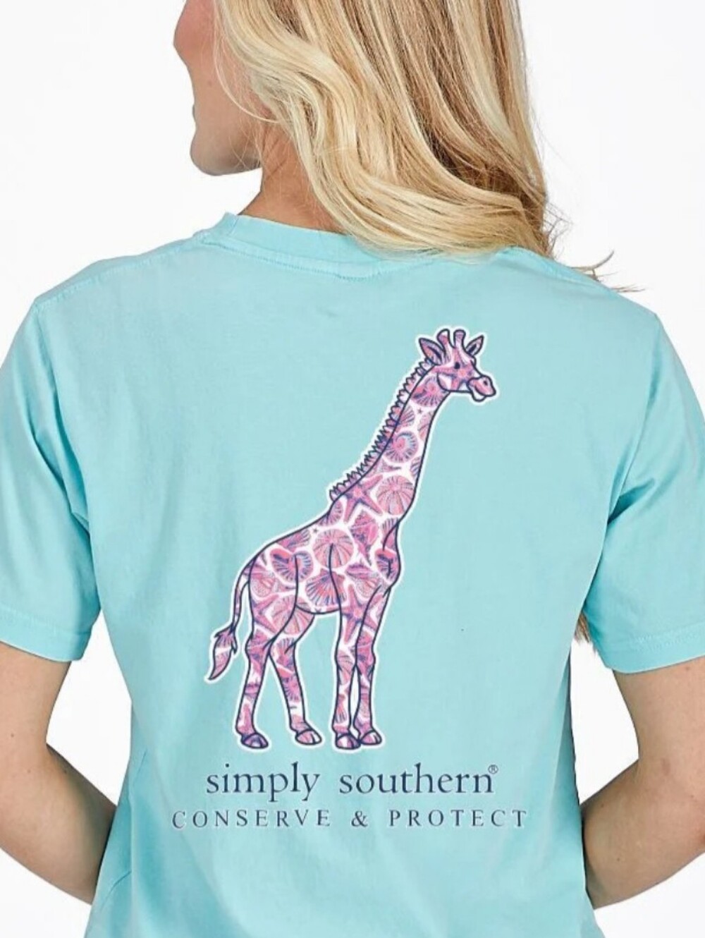 NWT Simply Southern Seashell Patterned Giraffe Tshirt Aqua Blue